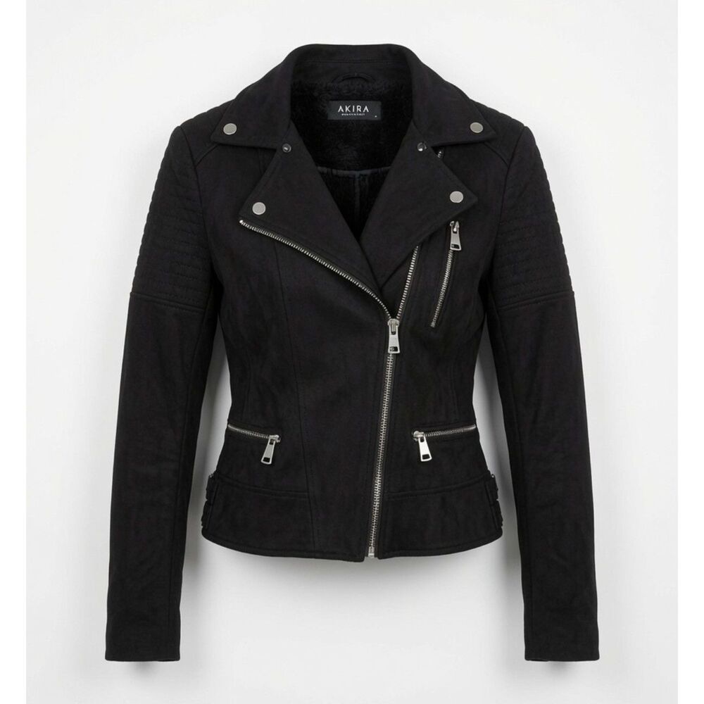 AKIRA Channy Faux Suede Moto Jacket Women's Size L Black Sherpa Lined Biker Coat